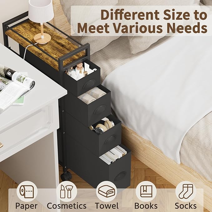 LASZOLA 4 Drawer Narrow Dresser Slim Cabinet Skinny Storage Tower Chest, Ideal for Small Spaces Bathroom Bedroom, Between Washer and Dryer, Lightweight Mobile on Wheels, Sturdy Fabric Drawers, Black