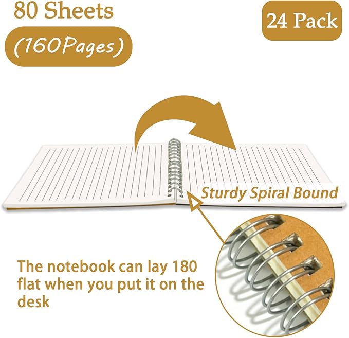OSIMIG 24 Pack A5 Spiral Notebooks Bulk with Kraft Cover, 8x5.5 Inch Lined Paper Travel Journaling Notebooks, Composition Notebook for School Office Supplies, 80 Sheets 160 Pages
