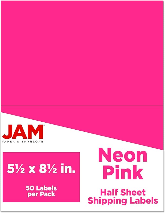 JAM PAPER Shipping Labels - Half Page - 5 1/2 x 8 1/2 - Neon Pink - 50/Pack