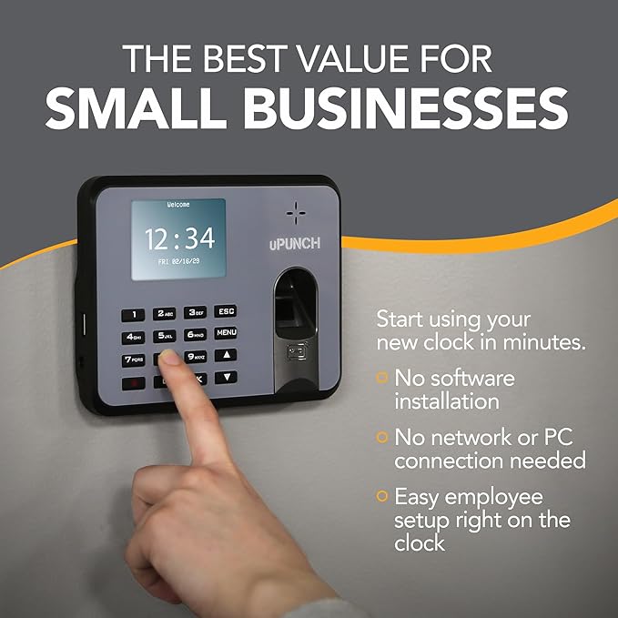 uPunch MK1000 Biometric Fingerprint/Proximity Time Clock for Employees | Small Business Time Tracking System with RFID, and PIN Options (No Monthly Fee)