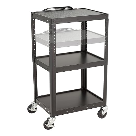 Norwood Commercial Furniture Adjustable Height Metal AV Cart with Electric Power Cord, Black