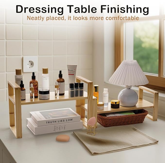 Desk Shelves Desktop Organizer Shelf-No Tools Assembly Interlocking Joints for Enhanced Stability Holds 130lbs for Desk Organizers and Bookshelf Table Top Shelving in Office--Pine Nature Wood Color