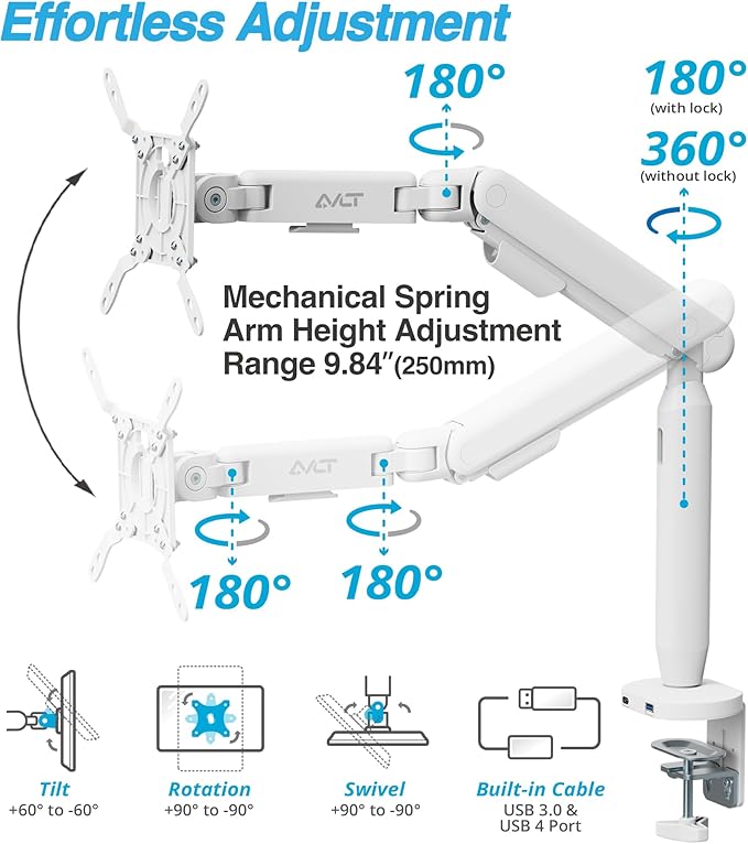 AVLT Single 17"-40" Ultrawide 3-Segment Easel Monitor Arm for Screens Up to 24.3 lbs, Aluminum Designer Stand, Adjustable Pneumatic Height, Full Motion Swivel Tilt Rotation, USB-C USB-A Ports, White