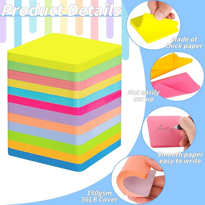 60 Pads Round Corner Sticky Notes 3x3 in Post, 12 Bright Colors Self-Stick Note Pads it, Strong Adhesive Paper Memo Pads, 75 Sheets/Pad, Colored Note Pad Easy to Post for Home, Office, Notebook