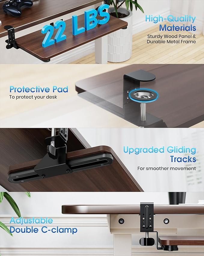 Large Keyboard Tray Under Desk, Pull Out Keyboard & Mouse Tray with Adjustable C-clamp, 25.6(31.5 Including Clamps) x 11.8 Inch Slide Out Computer Keyboard Drawer Mouse Tray for Typing, Walnut