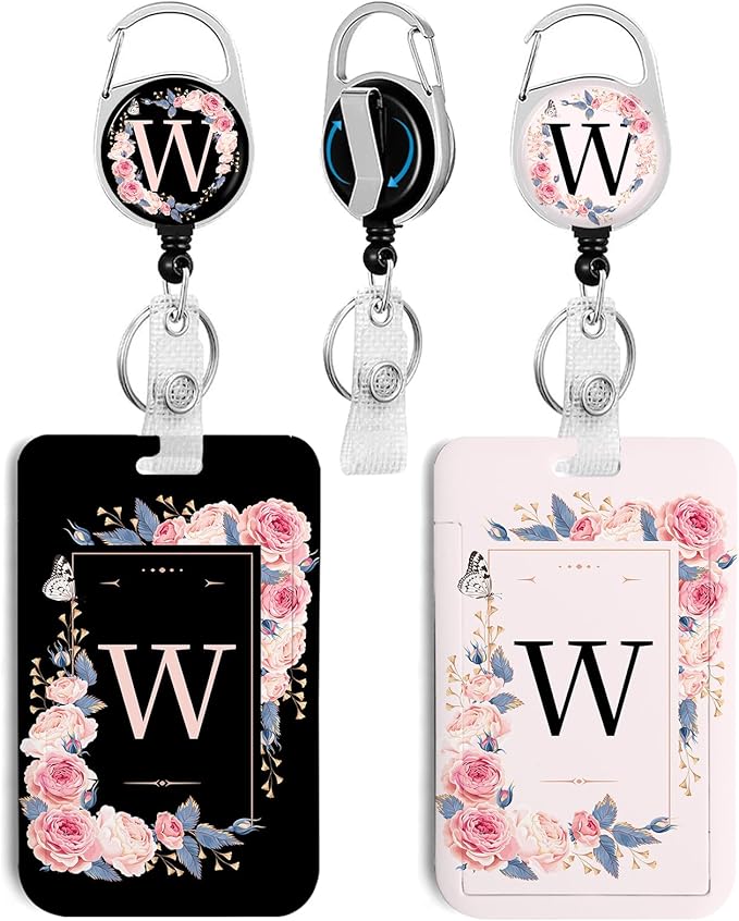 2 Pack A-Z Letter ID Badge Holder with Clip Badge Reels Retractable Heavy Duty,Keychain，ID Holder for School Nurse Office W