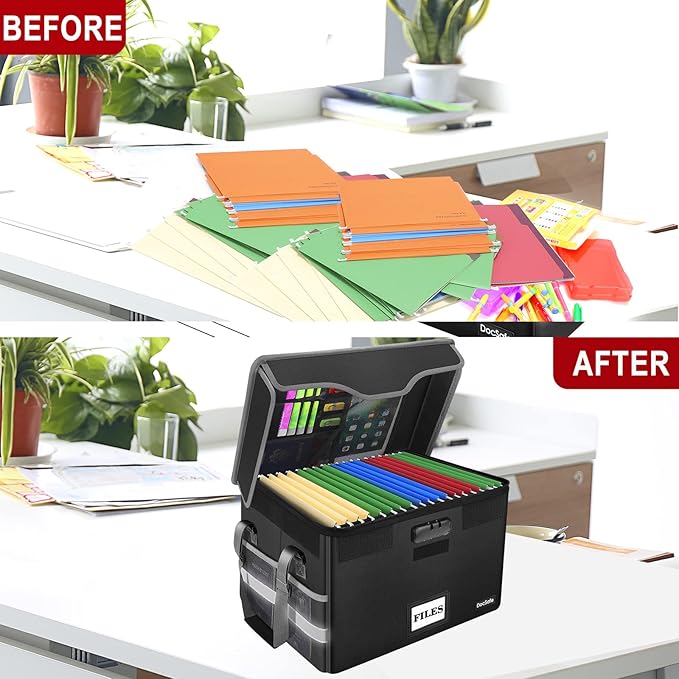 DocSafe Fireproof Document Box with Lock,File Storage Organizer with Pockets,Collapsible Portable File Box Home Office Safe Filing Cabinet with Handle for Hanging Letter/Legal Folders,Black,2 Pack