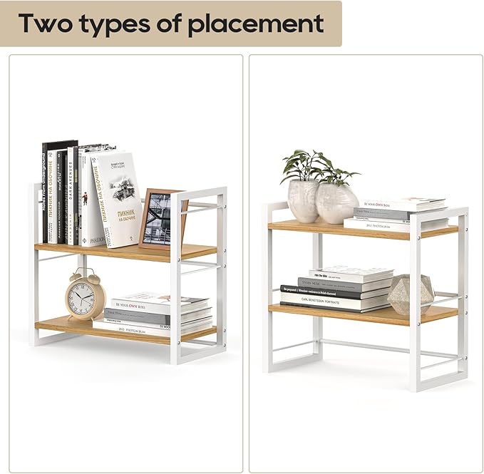 Office Desk Shelf Organizer, Wood Desktop Bookshelf Supplies Storage Rack, Shelf for Top of Desk and Dresser (White-2 Tier)