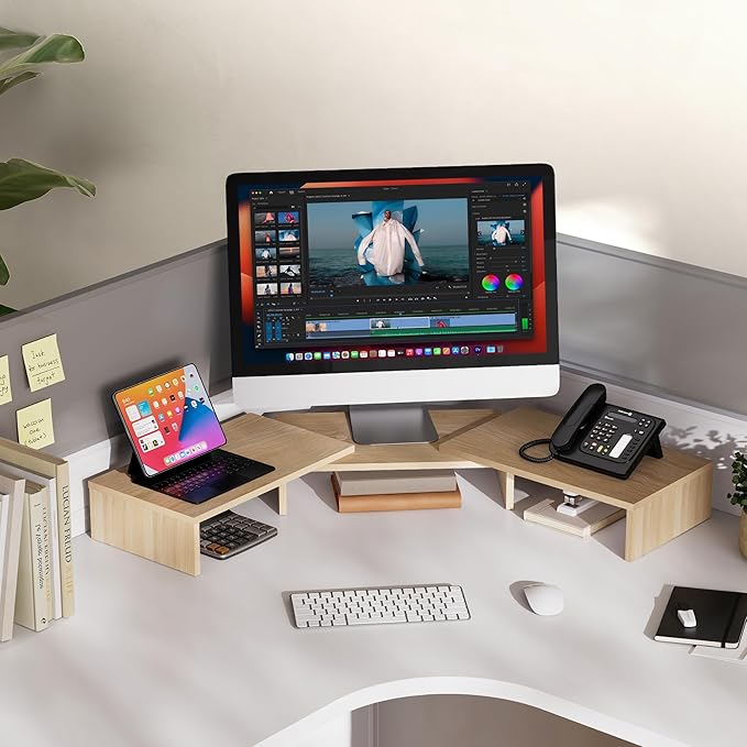 FITUEYES Dual Monitor Stand – 3 Shelf Computer Monitor Riser, Wood Desktop Stand with Adjustable Length and Angle, Desk Accessories, Office Supplies Medium Oak, DT108006WO