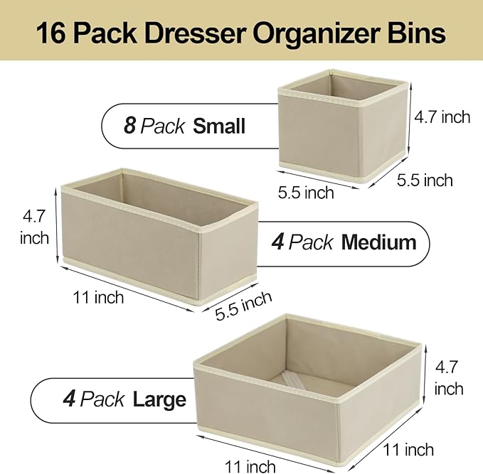 16 Pack Drawer Organizer Clothes, Foldable Fabric Dresser Organizer Closet Organizers and Storage Box for Underwear,Folded Clothes,Baby Clothing,Socks,Bra,Towels,Ties(Beige)