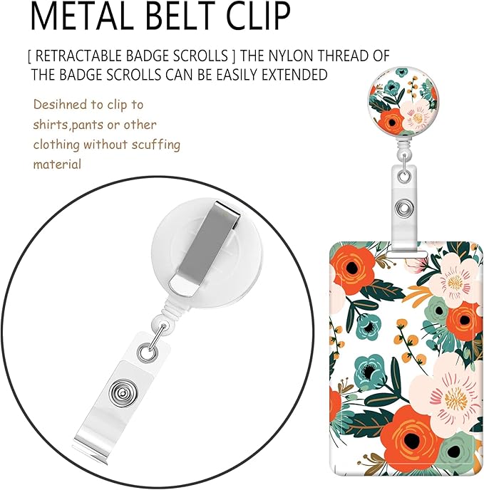BLOCIT ID Badge Holder with Lanyard - Fashionable ID Card Holders with Retractable Lanyards - Soft Fiber Metal Clip Sturdy Buckle for Key Wallet - Work Nurse Teacher (Cute Orange Flowers)