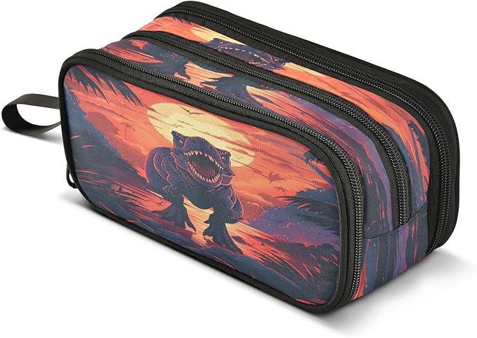 Dinosaur Sunset Pencil Case Box Boys Girls Large Pencil Pouch Zipper Compartments Big Capacity Stationery Pen Bag Organizer Kids Teens Adults School