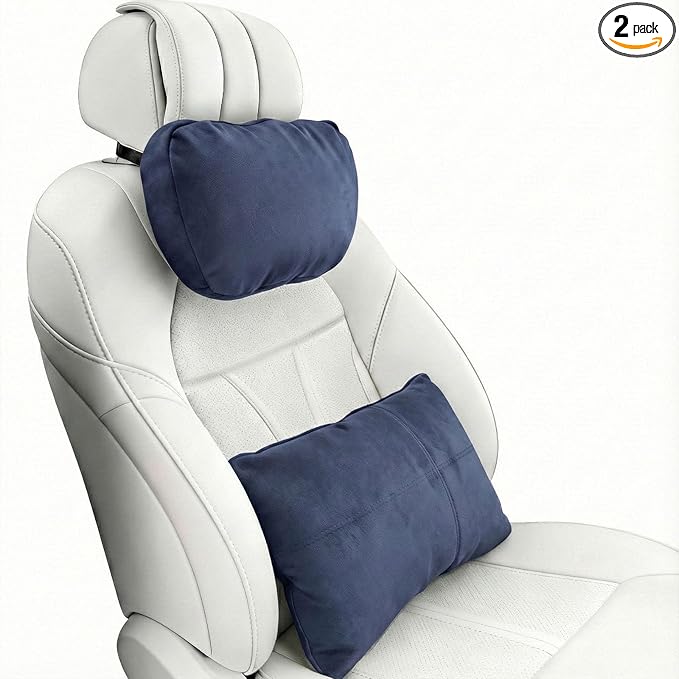 2PCS Welbrit Car Pillow for Car Neck Pillow for Driving Seat Lumbar Support Soft Cushion with Extra Filling Accessories Back Support for Travel Nap and Trips Sleeping(Blue, Head and Lumbar)
