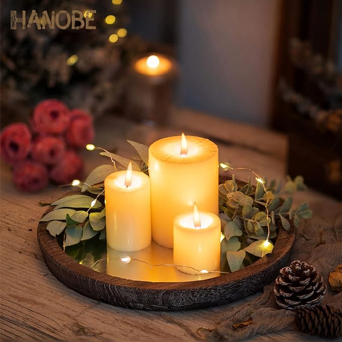 Hanobe Round Wood Decorative Tray: Set of 2 Farmhouse Wooden Galvanized Trays for Coffee Table Centerpiece Rustic Vintage Candle Platter for Ottoman Home Decor Kitchen Bathroom Bar Countertop