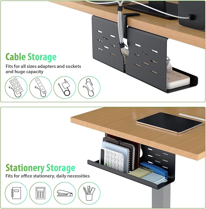 KEEGH 16'' Under Desk Cable Management Tray, Drill Free Clamp/Screws Mount, Sturdy Metal Cable Tray for Place Power Strip, Cord Management Tray Rack, Home, Office, Black