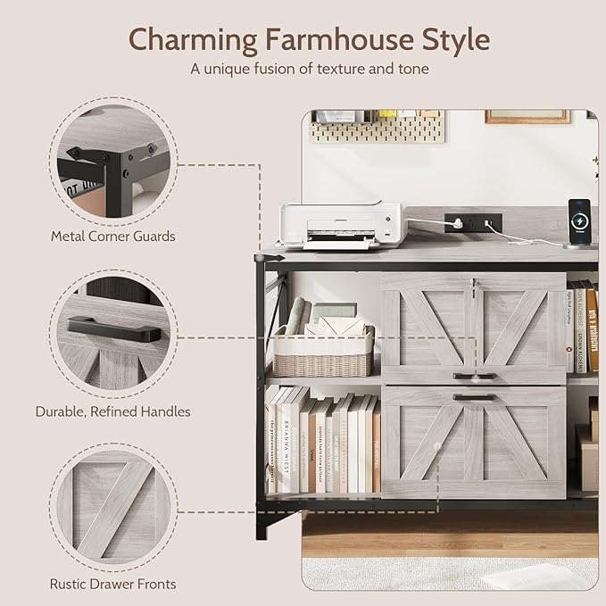 44" File Cabinet, Lateral Filing Cabinet for Home Office with 2 Drawers, Office Storage Cabinet with Lock and Key, Wooden Printer Stand with 4 Storage Shelves and Power Outlets