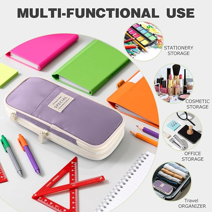 Large Capacity Pencil Case with Zipper, Aesthetic Pencil Pouch, Portable Stationery Organizer Bag for Teen and Adults, Big Pencil Bag for College, Office, Travel - Purple
