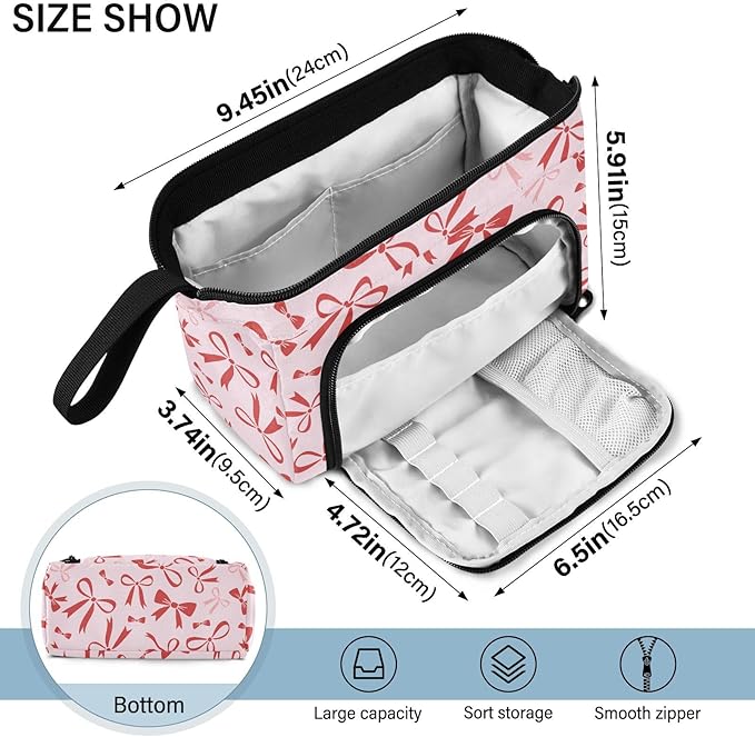 Bow Pink Pencil Case Pouch Big Capacity Pencil Bag Box Organizer Pen Case with Handle Stationery Organizer for Kids Boys Girls Women College Office