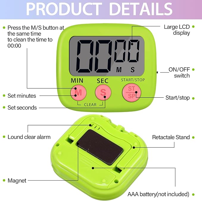 Weewooday 24 Pcs Digital Kitchen Timer Magnetic Timer Bulk On/Off Switch Minute Second Count up Countdown Loud Alarm for Exercise Cook Baking (Multicolor)