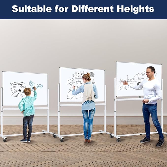 Large Dry-Erase Rolling Magnetic Whiteboard - TSJ OFFICE 48 x 32 Inches Dry Erase Board with Stand Height Adjust Double Sides Mobile White Board Easel on Wheels Office, Home & Classroom