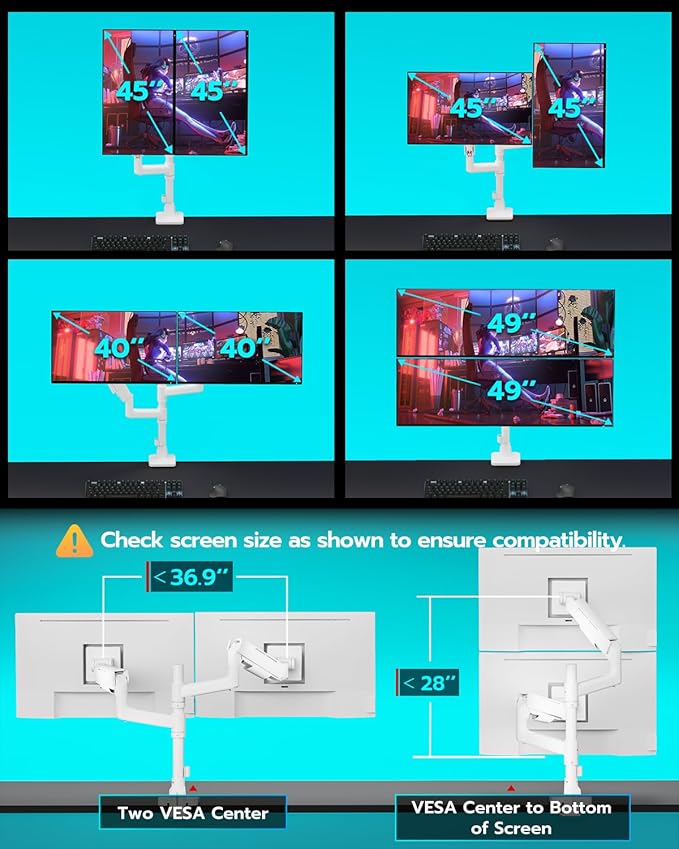 ARES WING Dual Monitor Mount for 17-49 Inch Ultrawide Heavy Duty Curved Screen Stacking, Computer Monitor Arm Desk Mount with USB, Gas Spring Adjustable Vesa Stand, White