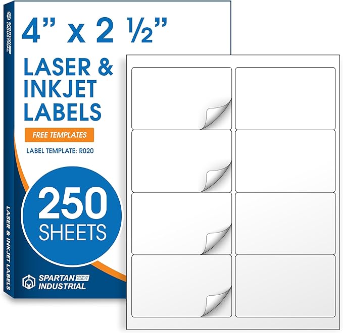 4" X 2 1/2" Printable Shipping Address Labels Compatible with Inkjet and Laser Printers - 250 Sheets, 2000 Total Matte White Paper Stickers for Mailing - Spartan Industrial Template R020
