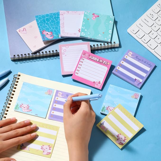 9 Pads Axolotl Sticky Notes 3x3 Inch Cute Self Stick Notepads Notes Adhesive Memo Pad Office Decor Gifts for Students School Teacher Meeting Office Supplies