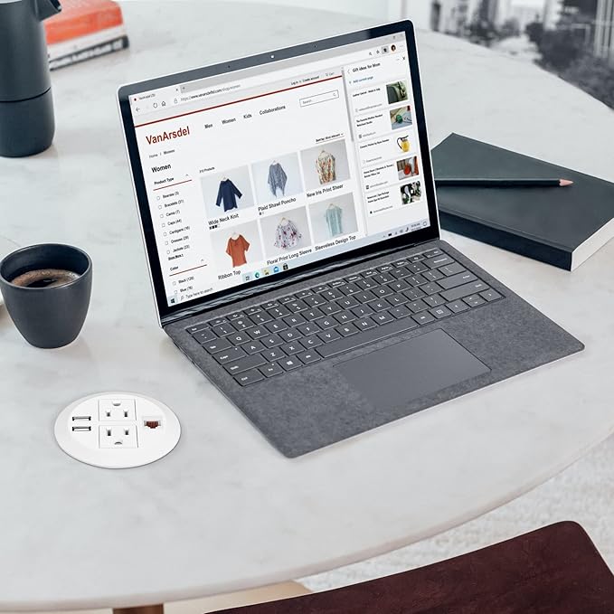 BTU Desktop Power Grommet with USB, 3 inch Hole Recessed Power Outlet, Flush Mount Power Strip Outlet with 2 AC Outlet & 2 USB Ports & 1 CAT6 & 10ft Power Cords for Table, Office, Home, Hotel, White