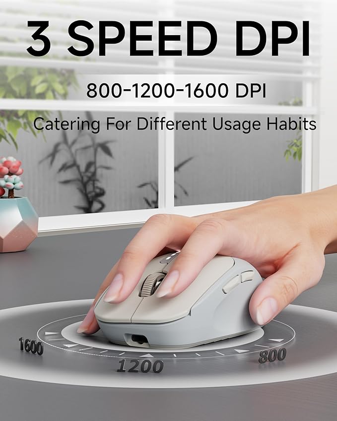 EWEADN Q5 Wireless Mouse, Bluetooth & 2.4G Quiet Computer Mouses with 1600 DPI, Battery Level Display, Ergonomic Office Mouse,6 Button Portable Cute Cordless Mice for Laptop/PC/Mac- Grey