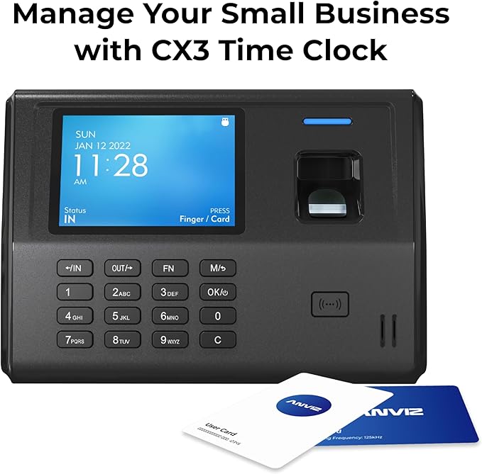 ANVIZ Time Clocks for Small Business Employees CX3 - No Monthly Fee No Software Required - Fingerprint Biometric Clock in and Out Machine - Right Out of The Box, Finger + RFID + Pin Punching