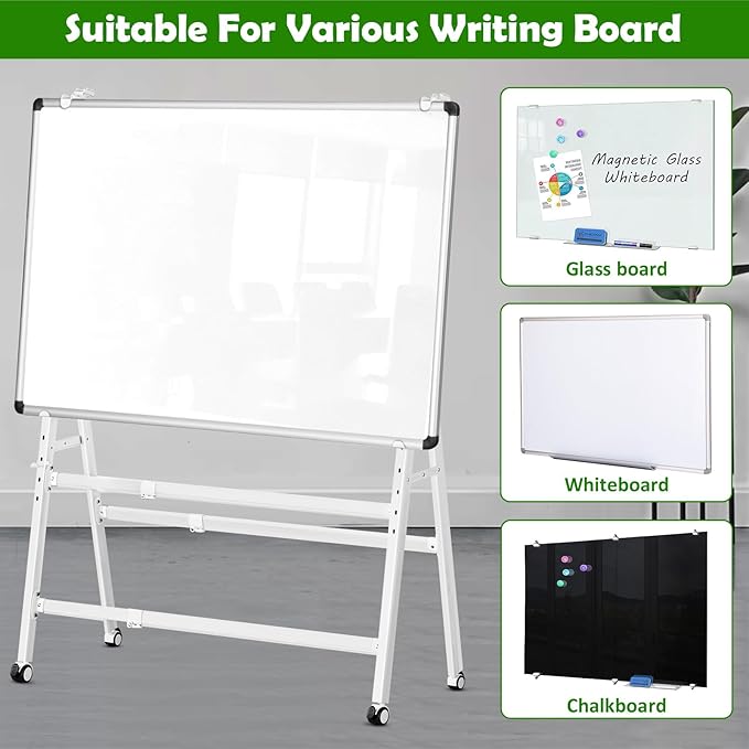 A-Frame Foldable Whiteboard Stand, Height and Width Adjustable, Mobile Stand with Wheels for All Heavy Duty Glass Blackboard, Chalkboard, Bulletin Board, Display Board, Drawing Board (White)