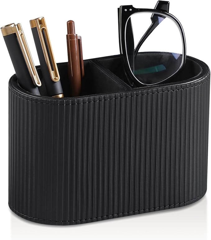 PU Leather Pen Holder for Desk, Small Remote Control Holder Pencil Cup Multifunctional Desktop Organizer Caddy for Home School Office Desk Accessories - 2 Compartments (Black Ribbed Texture)