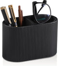 PU Leather Pen Holder for Desk, Small Remote Control Holder Pencil Cup Multifunctional Desktop Organizer Caddy for Home School Office Desk Accessories - 2 Compartments (Black Ribbed Texture)