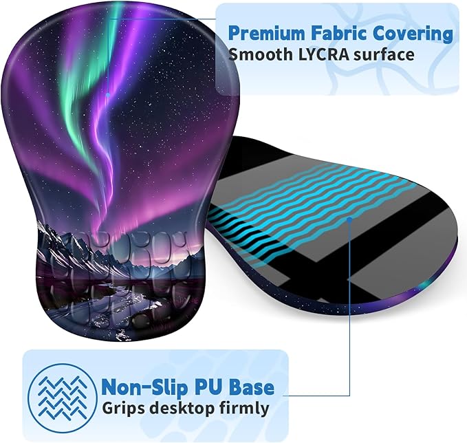 YIWEI Ergonomic Mouse Pad with Wrist Support - Gel Memory Foam Mouse Mat for Computer Keyboard & Laptop - Non-Slip Base, Pain Relief for Home Office & Gaming - Aurora/Northern Lights