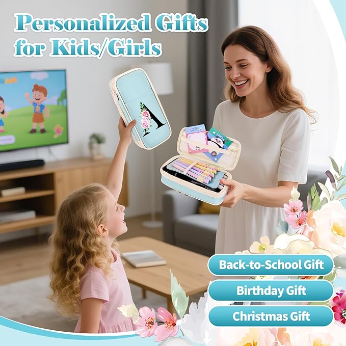 Preppy Pencil Case for Girls, Cute Large Pencil Pouch, Personalized Initial Pencil Bag with Zipper for School College Office Supplies, Back to School Supplies Gifts for Teen Girls (T, Blue)