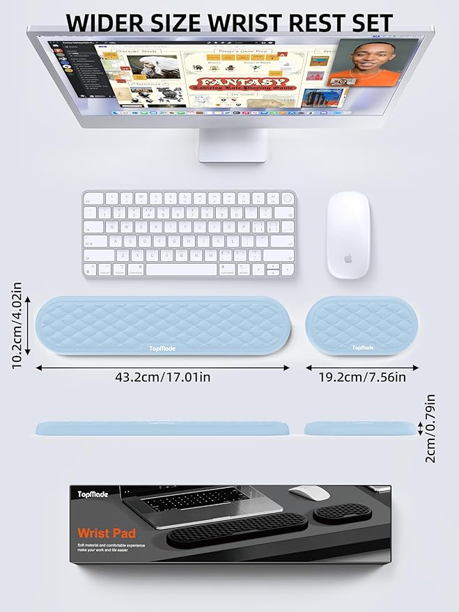 TopMade Upgraded Wider Wrist Rest Set, Soft Memory Foam Keyboard Hand Rest Pad, Computer Ergonomic Keyboard Mouse Wrist Support for Typing Pain Relief, Comfort for Office, Gaming, Study, White Ice