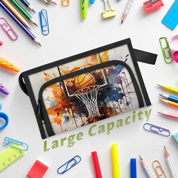 Large Capacity Pencil Case Pouch, Basketball Sport Portable Zipper Pencil Cases Pencil Bag Office Stationery Bag Makeup Bag Desk Organizer for Women Men