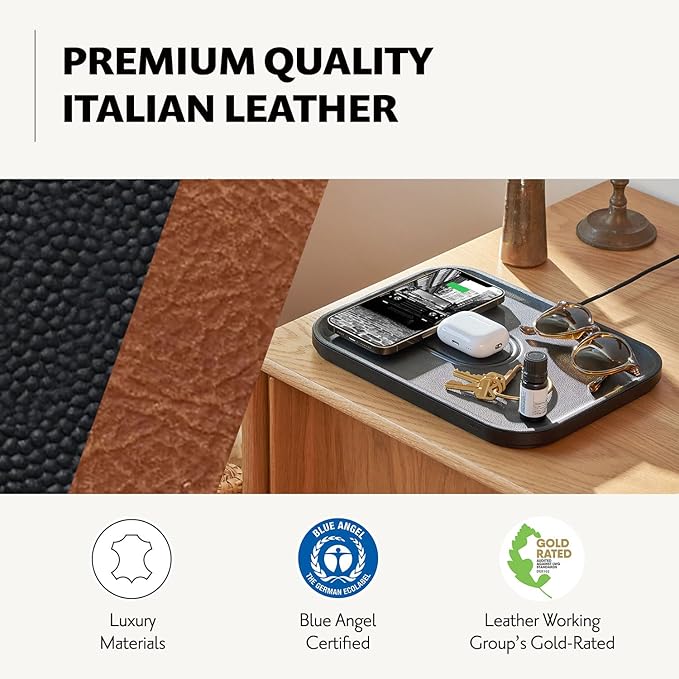 Courant MAG:3 Classics Charger and Tray - Italian Leather, Multi-Device Charger Compatible with MagSafe iPhones 16, 15, 14, 13, 12 or Wireless AirPod Cases (Black)