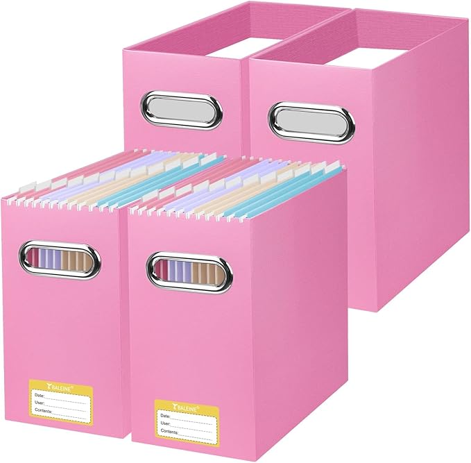 BALEINE File Organizer Box, Cardboard File Folder Organizer with Handle for Letter Size, Portable Collapsible Hanging Filing Box for Home Office Document Storage (4 Pack, Pink)