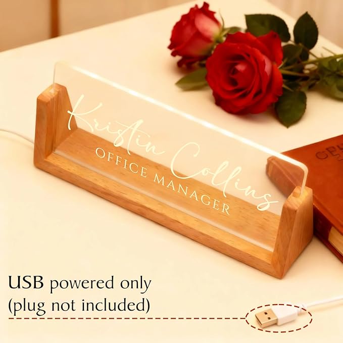 Personalized LED Name Plate for Desk, Light Up Acrylic Office Decor Desk Name Plate with Wooden Base, Custom Name Logo Quote, Appreciation Gifts for Boss Coworkers Employee Women Men (Signature)