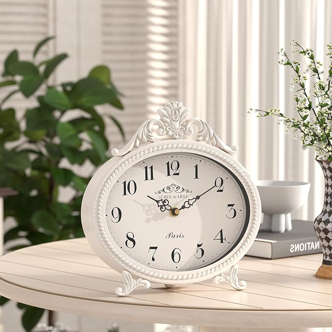 Abdurey Vintage Table Clock on Stand,Desk and Shelf Decorative Clock,French Rustic Style Mantel Clocks,Metal Frame Antique White Finish,Farmhouse,Bedroom, Bedside,Living Room,Gift Clocks