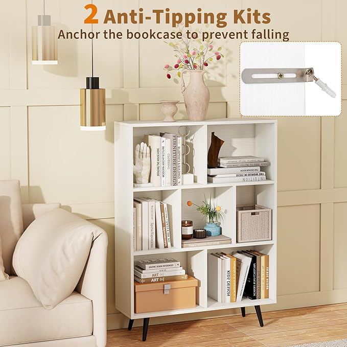 Tangkula 7-Cube Bookcase, Modern Storage Bookshelf with 4 Tapered Metal Legs & 2 Anti-Tip Kit, Freestanding Display Rack for Living Room, Study Room (White, 7-Cube)