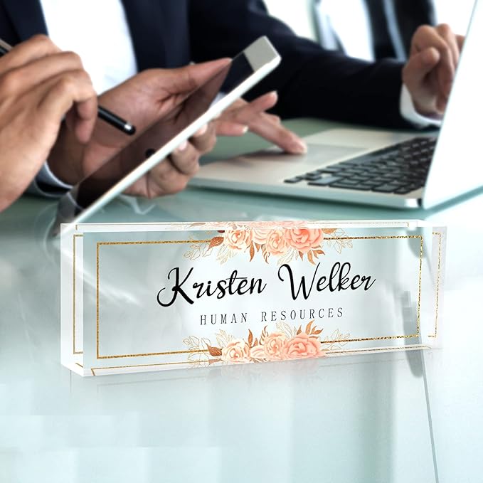 Custom Name Plate for Desk, Desk Name Plate Personalized, Office Decor for Women Men, Acrylic Desktop Accessories, Office Gifts for Coworkers Boss Teacher, Employee Appreciation Gifts (Flowers D)
