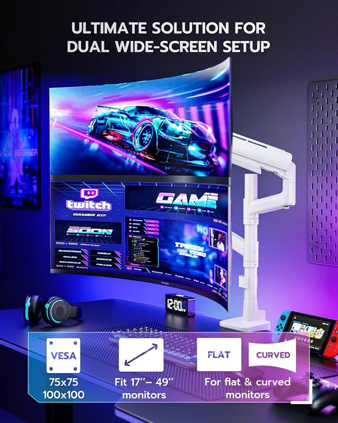 ARES WING Dual Monitor Mount for 17-49 Inch Ultrawide Heavy Duty Curved Screen, Computer Monitor Arm Desk Mount, Gas Spring Adjustable Dual Monitor Stand for Desk, White
