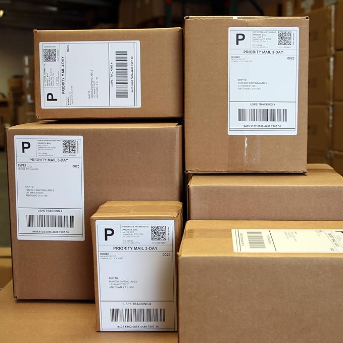 Buhbo 4" x 6" Direct Thermal Labels - Perforated BPA Free - Compatible with Zebra & Rollo Printer - Commercial Grade Shipping (500 Fanfold Labels)