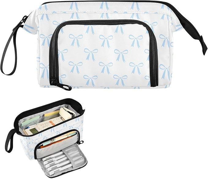 Bow White Pencil Case Pouch Big Capacity Pencil Bag Box Organizer Pen Case with Compartmens Stationery Organizer for Girls Boys Adults Women School Office