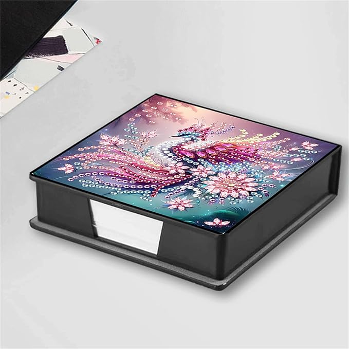 Peacock Diamond Painting Note Box Memo Pad Holder, Diamond Art Sticky Notes Organizer for Desk, Aesthetic Stationery Storage Case for Office,School Supplies (Peacock)