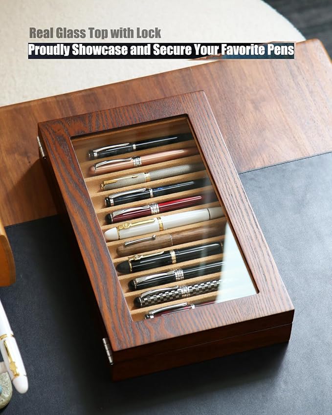 12-Slot Fountain Pen Collector Case – Lockable Wooden Organizer with Glass Display Top, Premium Storage Box for Writing Instruments and Gift for Men