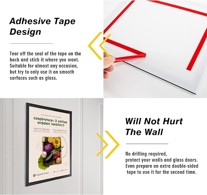 Acrylic Magnetic Sign Holder, Easy-Opening 8.5 x 11 Wall Mount Display Frames, Self Adhesive Back Plastic Clear Document Frame, Horizontal & Vertical Display (Black, 6Pack)