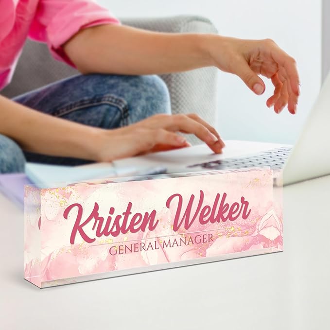 Name Plate for Desk, Desk Name Plate Personalized, Office Decor for Women Men, Acrylic Desktop Accessories, Office Appreciation Gifts for Boss Social Workers Nurse Teacher Employee (Pink Coast)